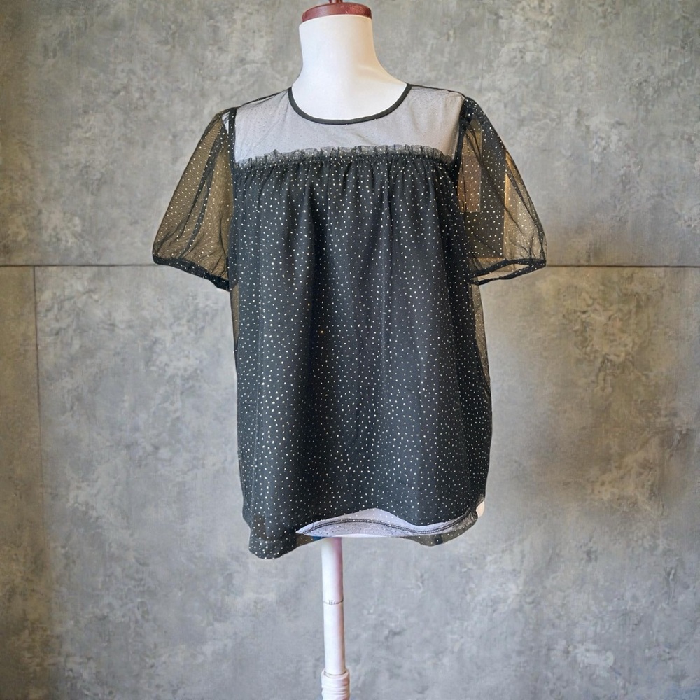 J. Crew Sparkle Puff Sleeve Tulle Top Black Gold Flakes Special Occasion Party